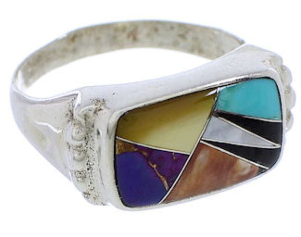 Silver Turquoise Multicolor Southwest Inlay Ring Size 8-3/4 JX38089